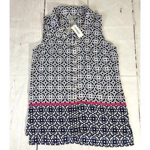 Dressbarn Tunic Top Sleeveless Navy White Pink Button Front Collared Size Small